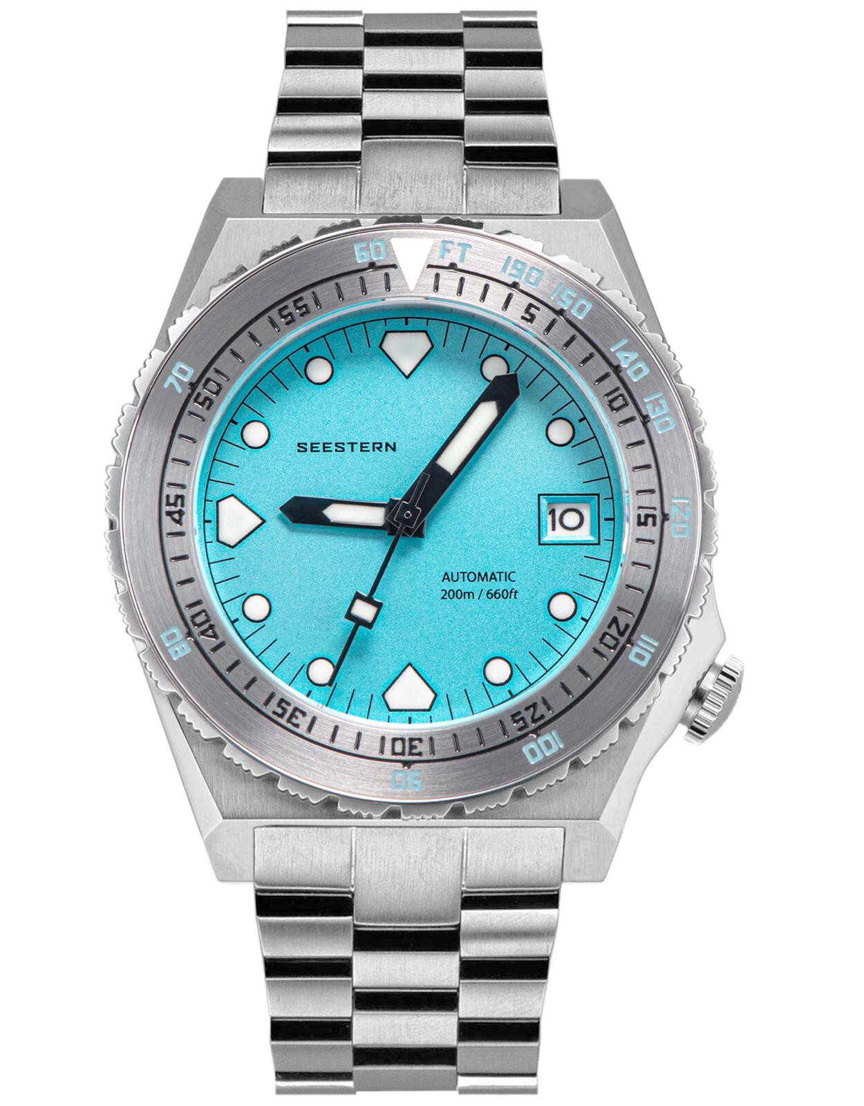 Seestern V3 S407-600T.T LUME DATE Bezel 200m DIVER’S Mens Sport Watch TEAL BLUE