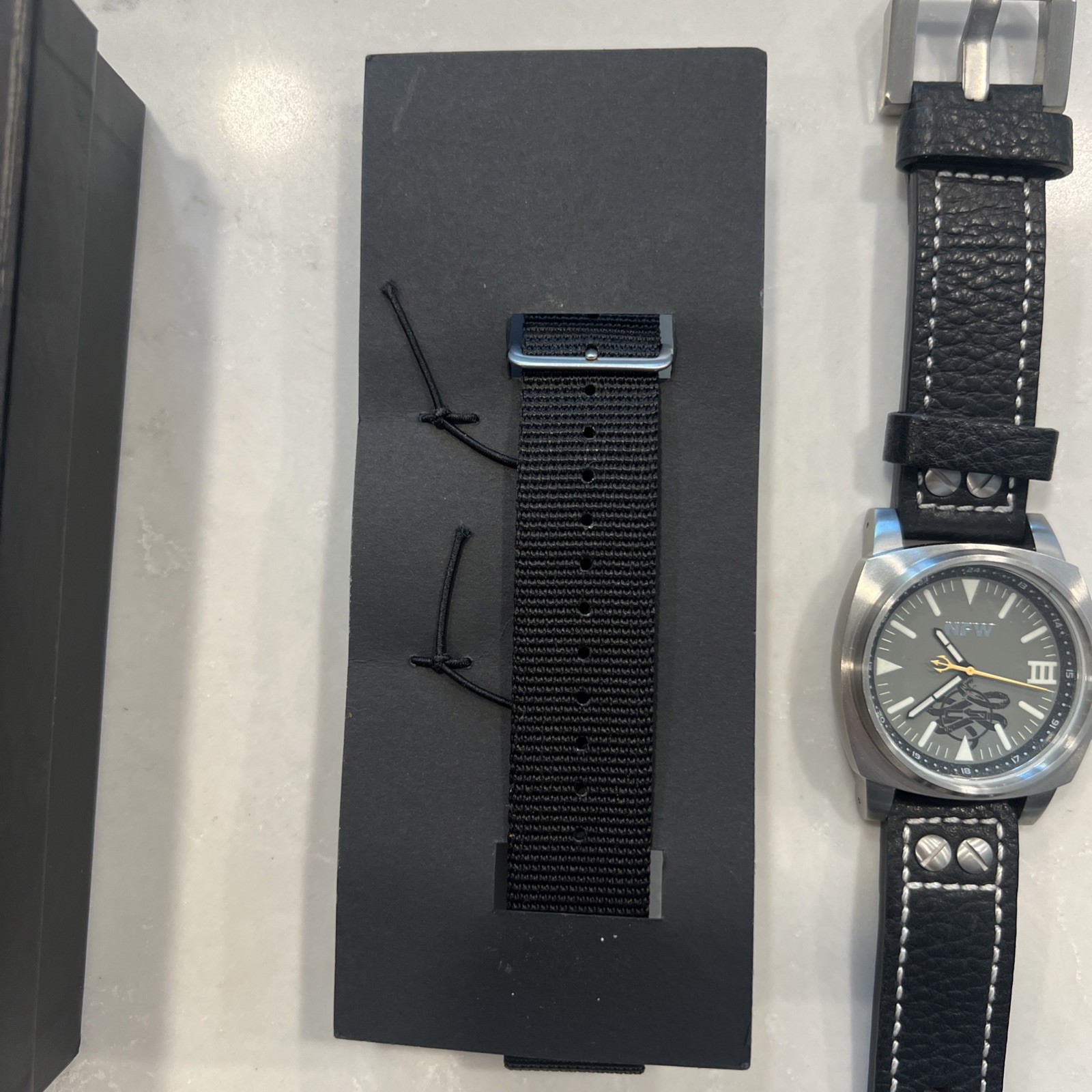 NFW Mens Watch 46mm Silver Tone Gray Dial Snake Logo Black Leather Band