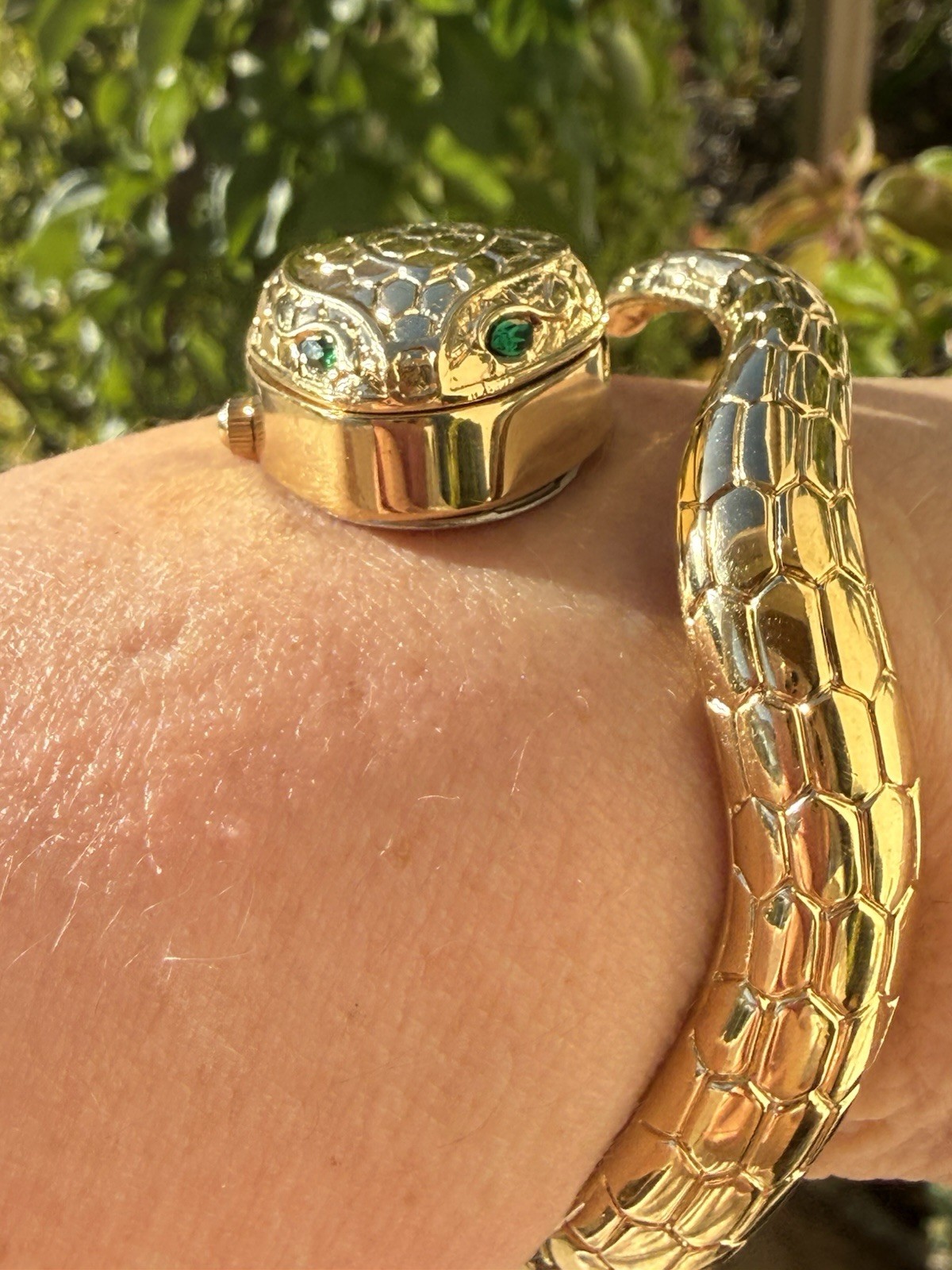 Fabulous Snake Quartz Watch Hinged Bangle Bracelet Goldtone Emerald Eyes Runs!