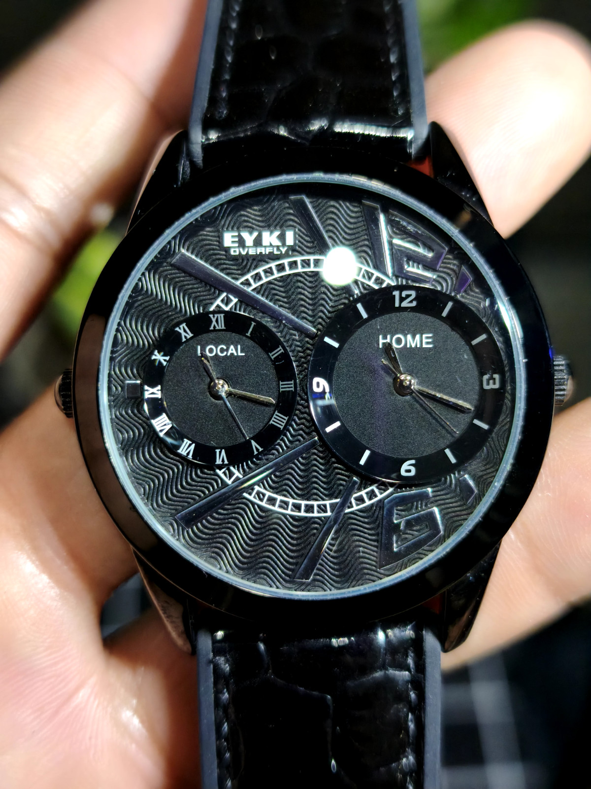 EYKI Overfly Men’s Dual Time Watch All Black Case Wave Dial Quartz