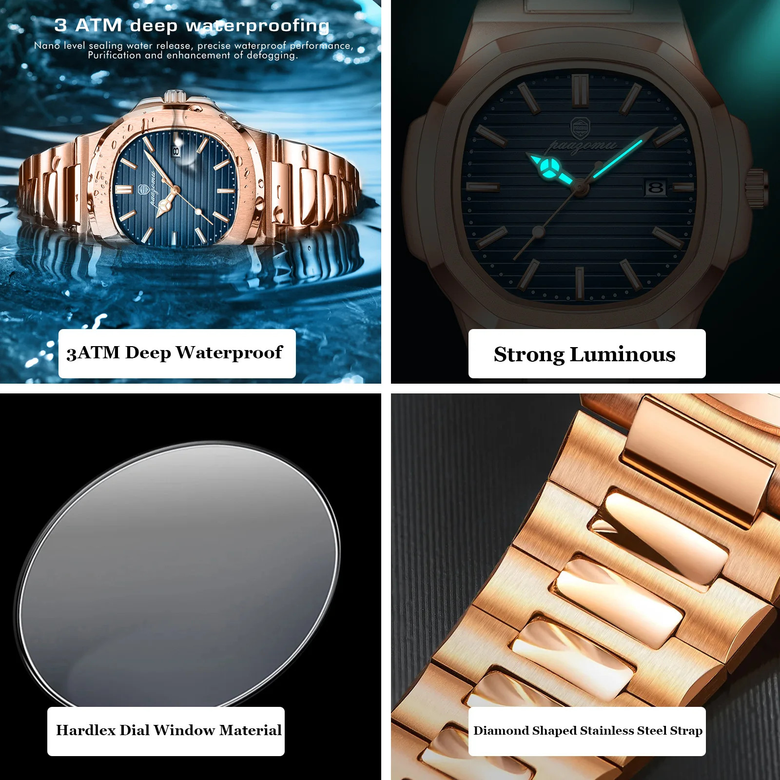 Men’s Fashion Quartz Watch Stainless Steel Waterproof Luminous Date Week Watch
