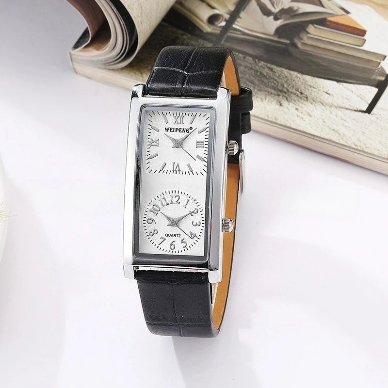 Luxury Dual Time Zone Watch Rectangle Quartz Dress Watch for Men and Women