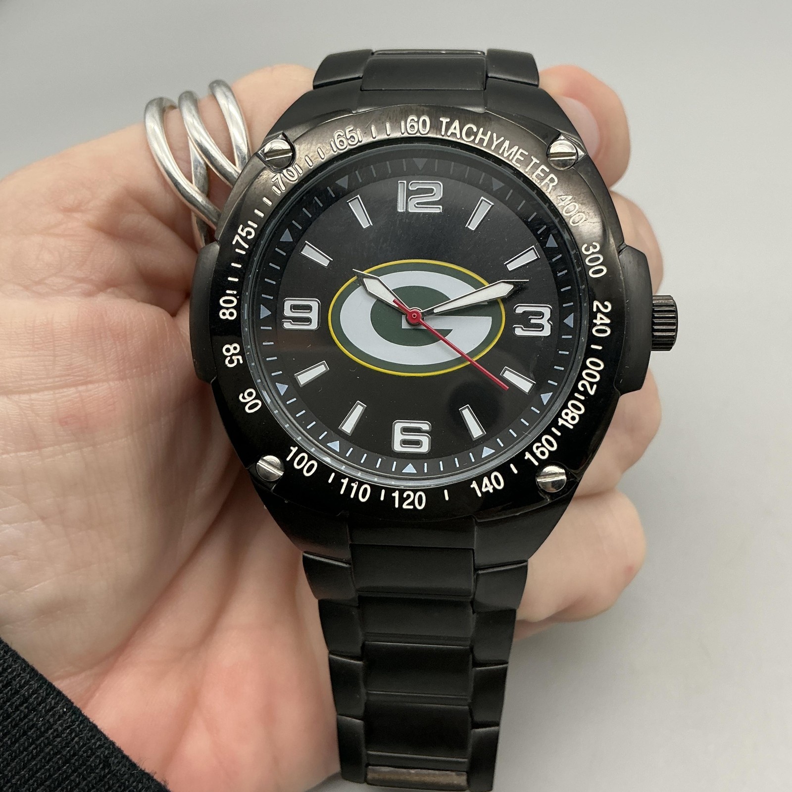 Game Time Green Bay Packers Mens Watch 43mm Black Dial Tachymeter New Battery 8″