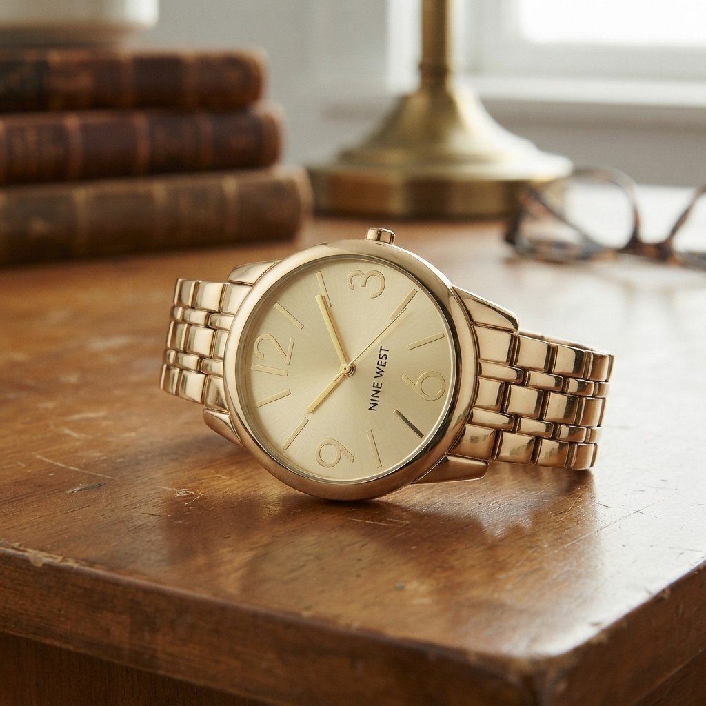 Fashion-Forward Gold Women’s Watch with Sunray Dial & Crystal Embellishments