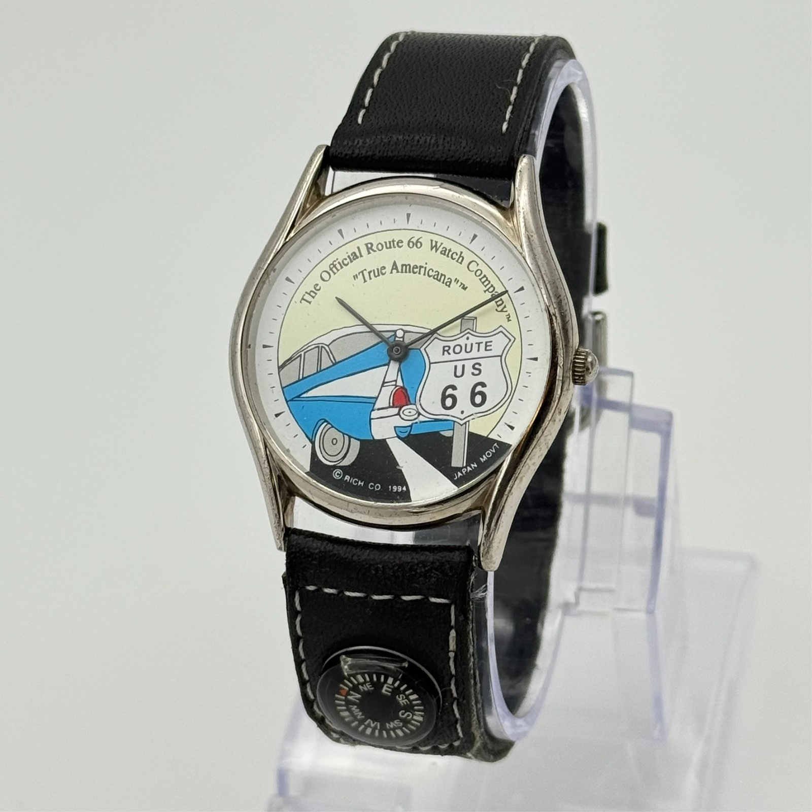 Vintage 1994 Unisex US ROUTE 66 True Americana Silver Tone 33.5mm Watch, Leather