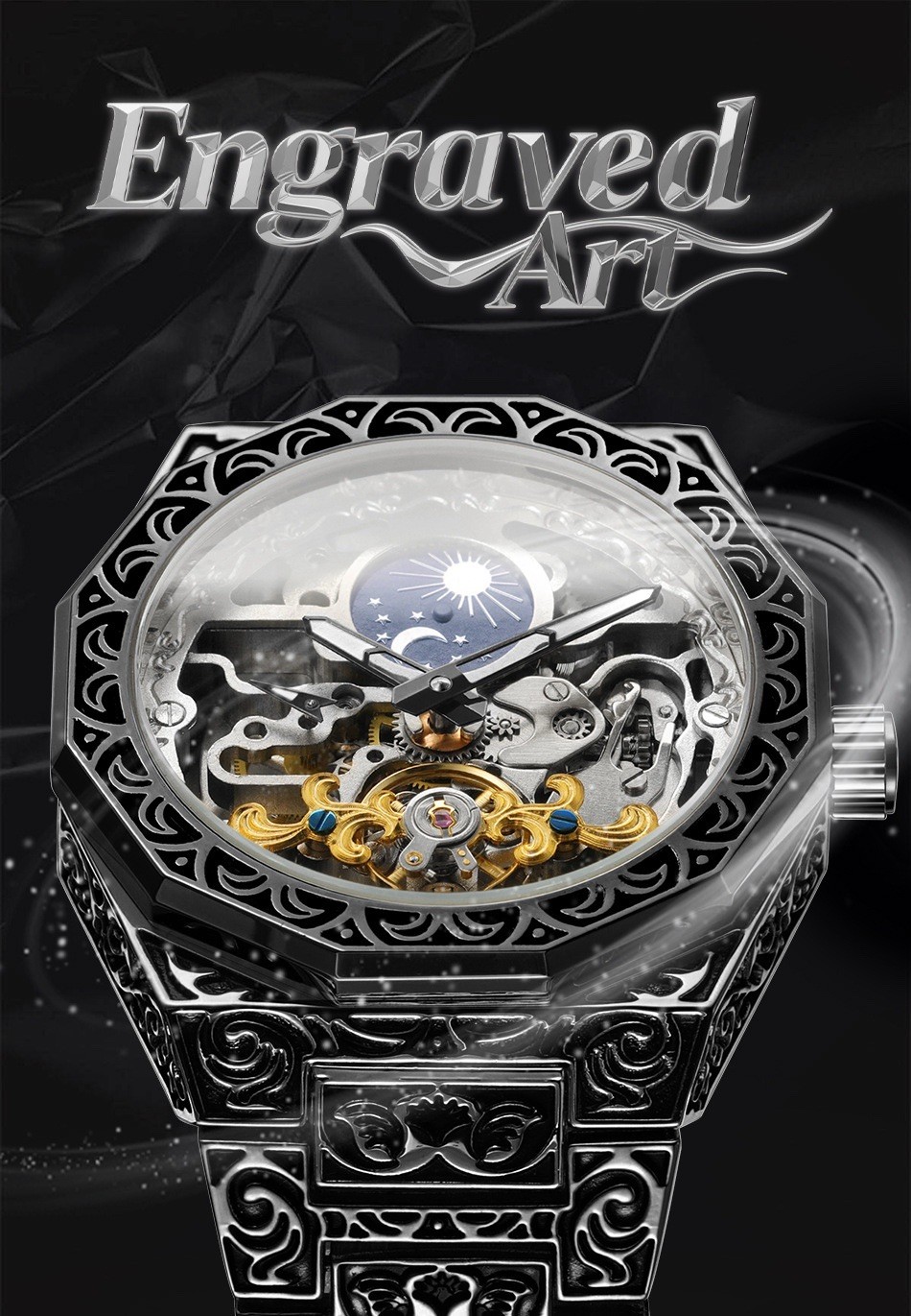 Forsining Skeleton Carved Tourbillon Mechanical Moon Dial Mens Watch waterproof