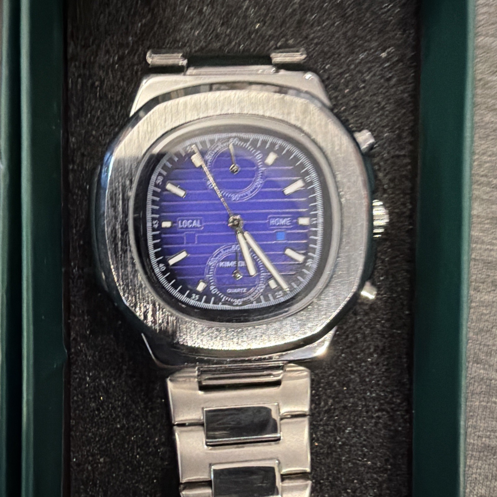 Designer Men’s Steel Quartz Watch With Textured Blue Multifunction Style Dial