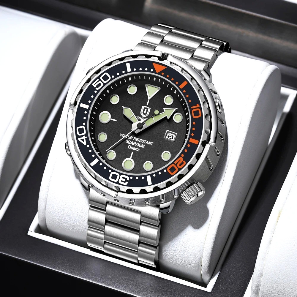 44MM QINGXIYA Tuna Quartz Mens Watch Stainless Steel 30M Waterproof Luminous NEW