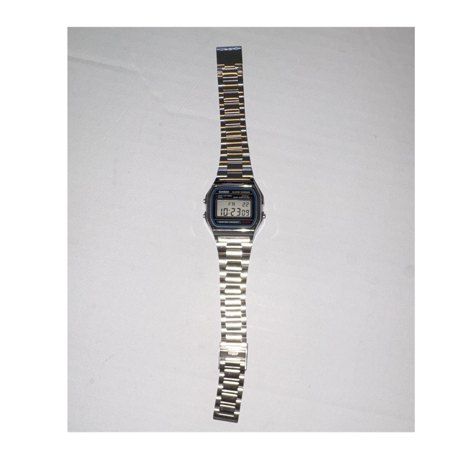 Casio A158W Quartz Digital Alarm Chronograph Day/Date Steel Bracelet Box