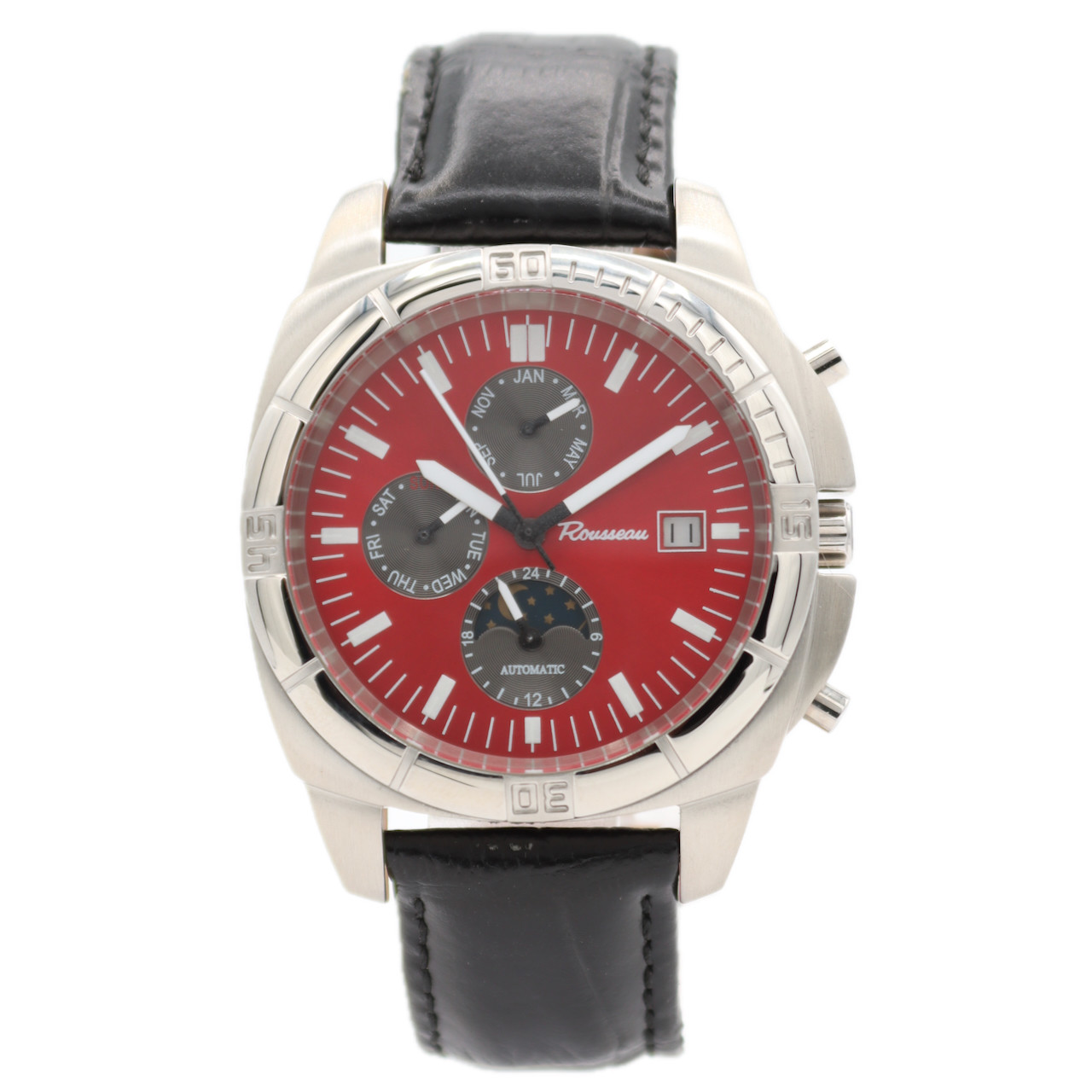 NOS 42mm Rousseau R446 Triple Calendar Moon Phase Automatic Exhibition Caseback