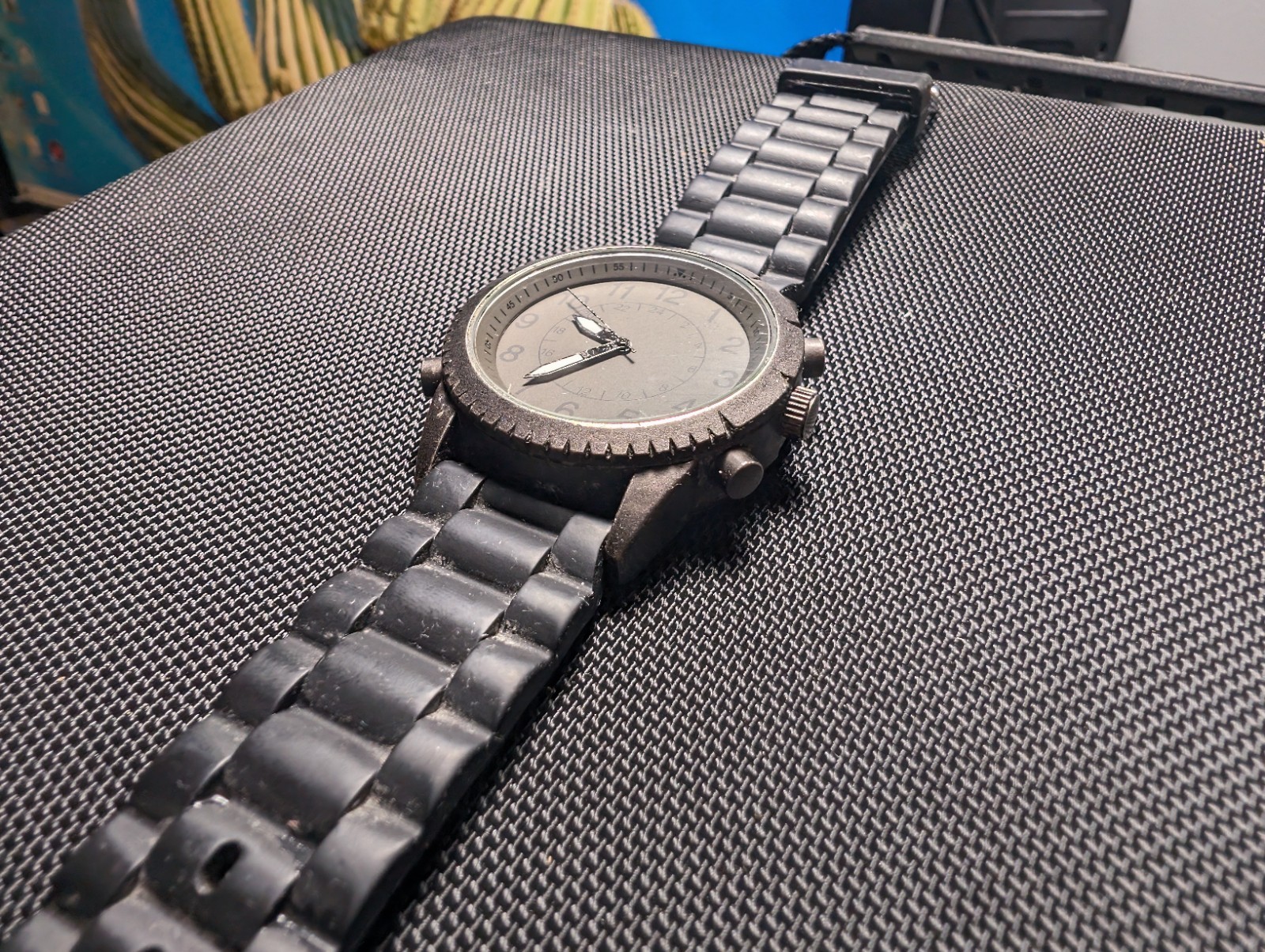 Black / Grey Watch With Black Strap And Painted Charcoal Case. Runs Well!