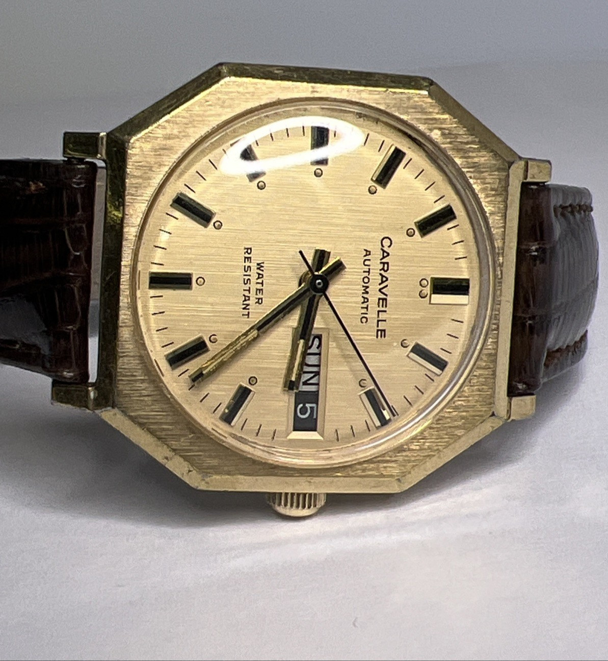 Caravelle Automatic Day Date Watch Octagonal Gold Plated 33.5mm Case Lizard Band