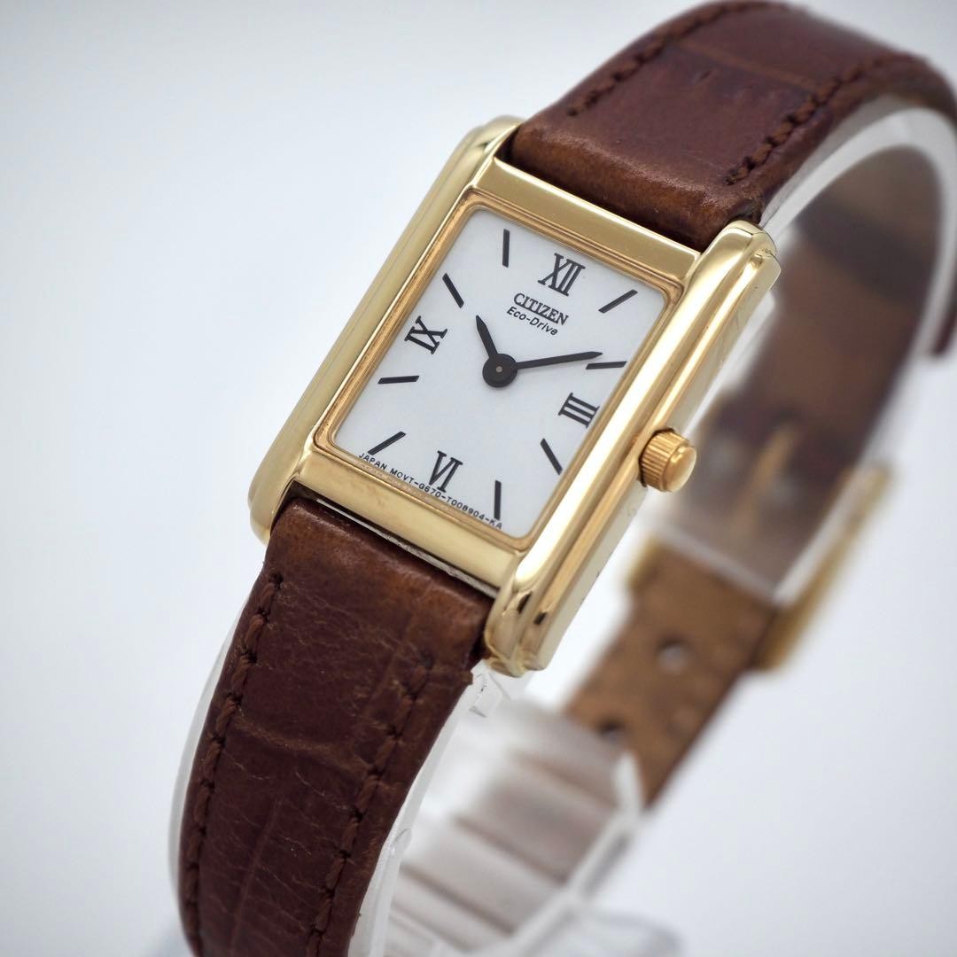 CITIZEN Tank Solar Watch Ladies White Dial Gold 17.5cm/6.89in Brown Band