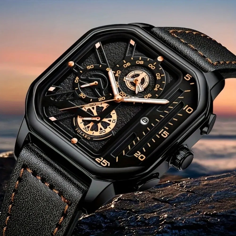 Men’s Square Big Dial Watch – PU Leather Strap, Casual Sport Style
