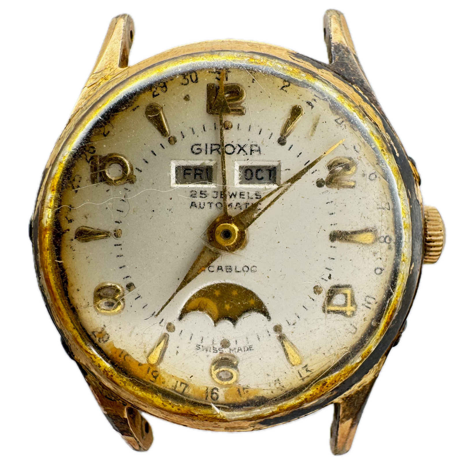 Vintage 33.5mm Giroxa Triple Date Moonphase 25J Men’s Automatic Wristwatch Swiss