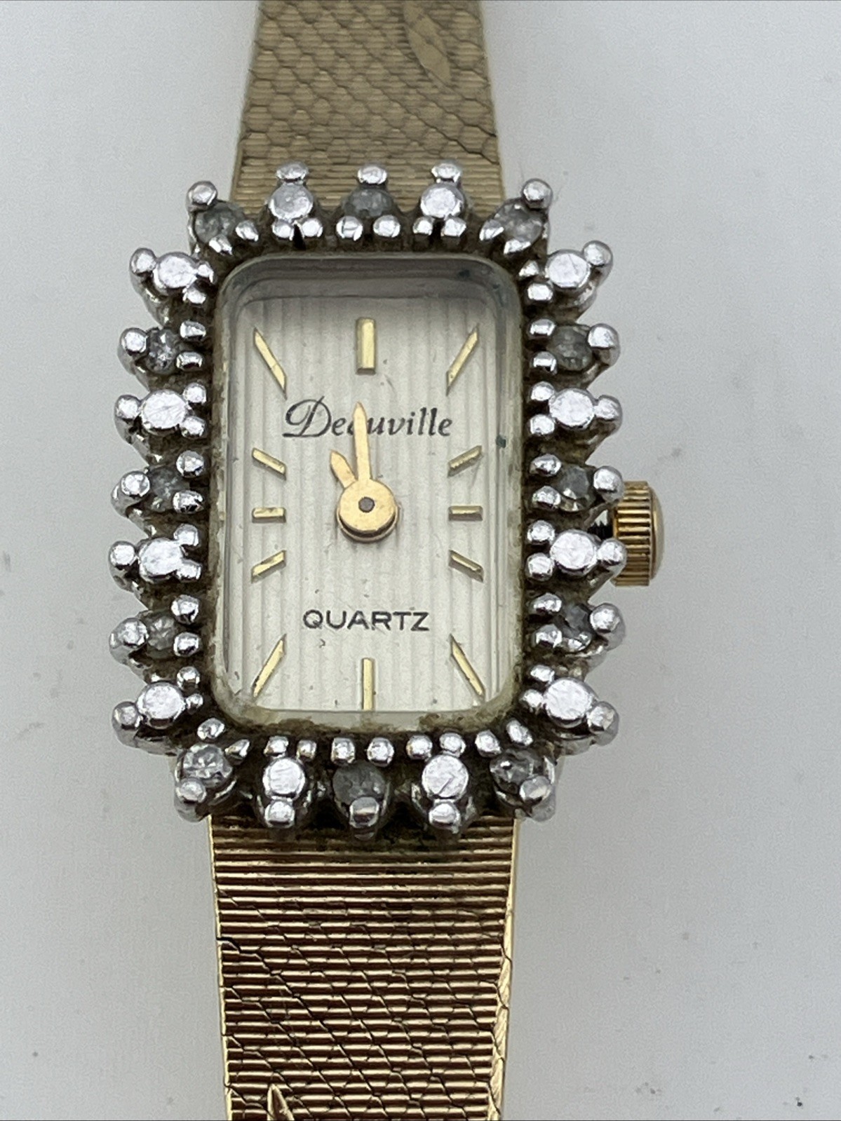Vtg Deauville Ladies 13mm Watch Gold Tone Tank Diamond Bezel Adjustable -RUNS