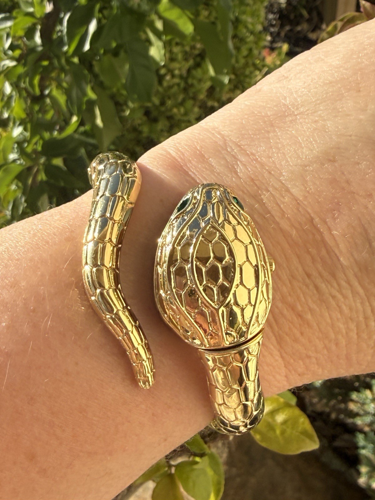 Fabulous Snake Quartz Watch Hinged Bangle Bracelet Goldtone Emerald Eyes Runs!