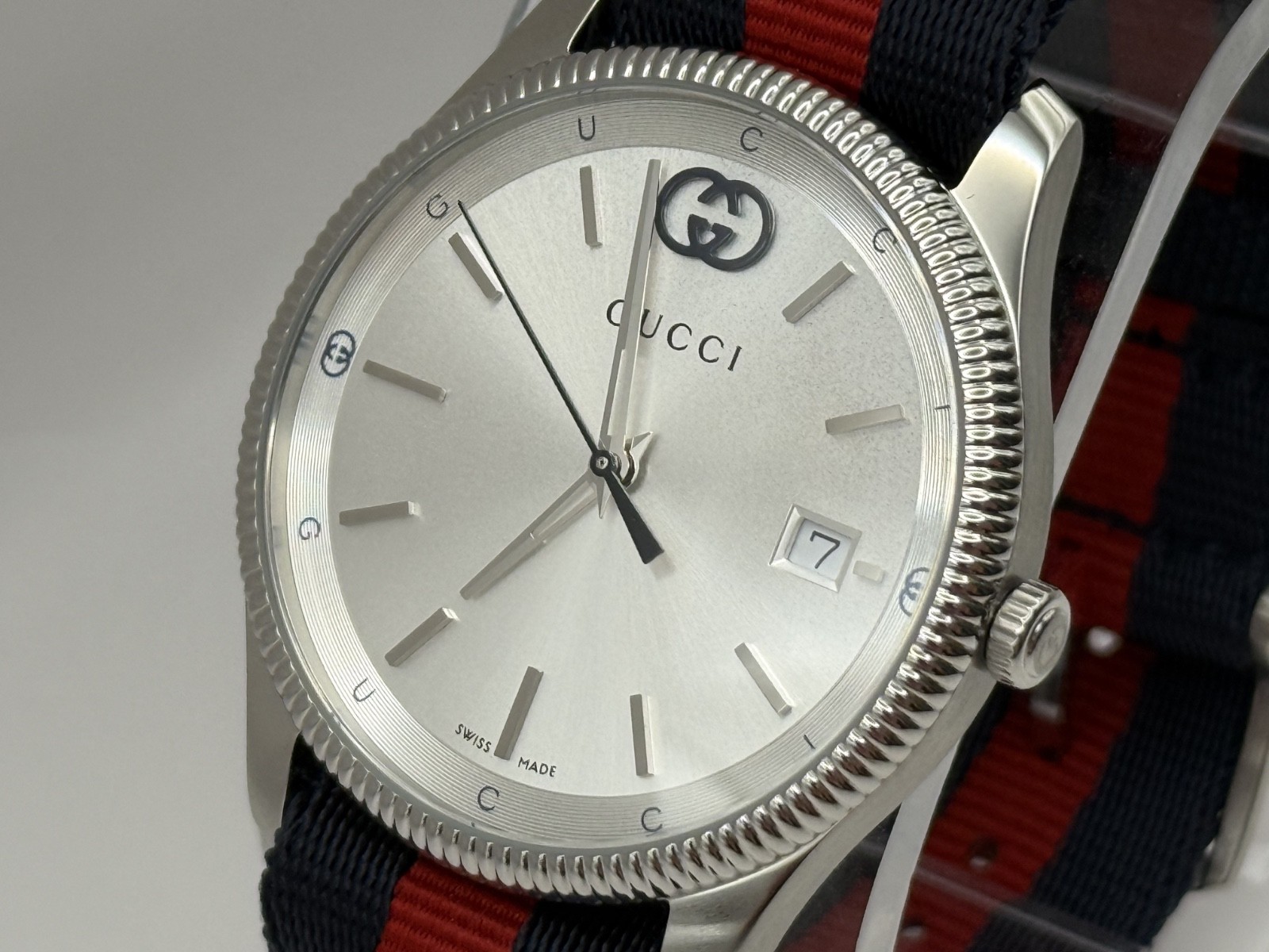 Gucci G-Timeless Silver Dial Blue and Red Nylon Strap Watch 38mm YA1264237